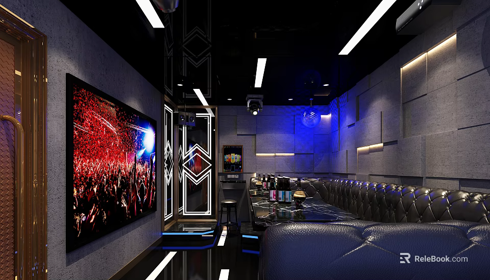 Modern KTV Interior Design With Colorful Lighting Leather Sofa Large Screen And Decorative Walls 3d model 