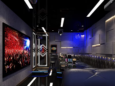 Modern KTV Interior Design With Colorful Lighting Leather Sofa Large Screen And Decorative Walls 3d model