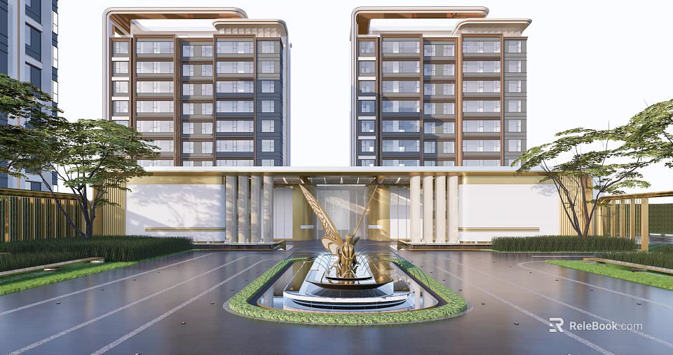 Elegant Entrance Gate of Modern High Rise Buildings with Central Fountain and Green Landscaping 3d model 