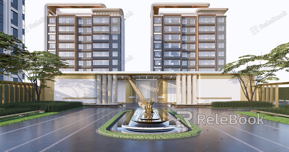 Waterscape at the entrance of modern gate residential area model