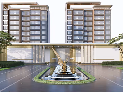 Elegant Entrance Gate of Modern High Rise Buildings with Central Fountain and Green Landscaping 3d model