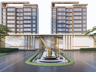 Waterscape at the entrance of modern gate residential area 3d model