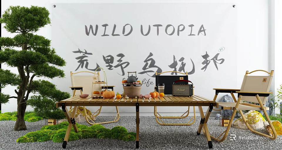 Wooden Foldable Outdoor Table with Teapot Pumpkins Apples Cups and Chairs in Camping Scene 3d model 