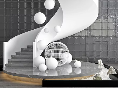 Modern White Spiral Staircase Interior With Marble Steps Spherical Decorations And Gray Grid Wall 3d model