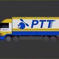 PTT Yellow White And Blue Box Cargo Truck On Reflective Surface
