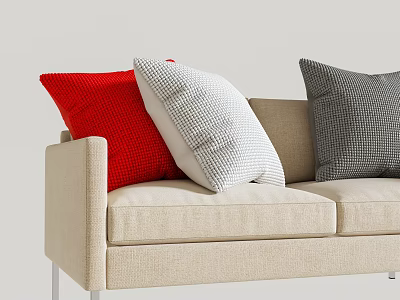 Modern Beige Two-Seater Sofa with Red White and Grey Textured Cushions and Metal Legs 3d model