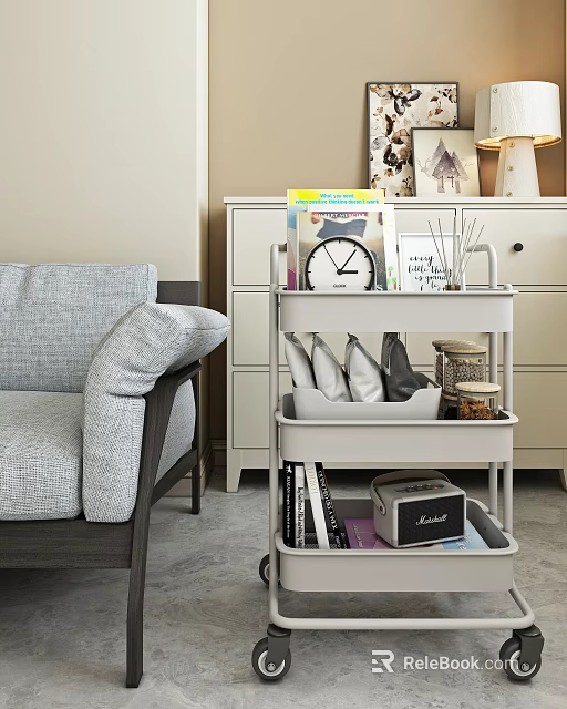 3 Tier Rolling Cart In Living Room With Clock Magazines And Decorative Items 3d model 