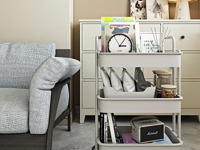 3 Tier Rolling Cart In Living Room With Clock Magazines And Decorative Items 3d model