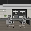 Modern Office Interior With Long Desk Ergonomic Chairs White Pendant Light Shelves And Wooden Floor