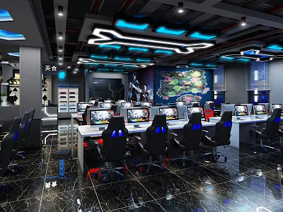 Modern Gaming Internet Cafe With High Performance Computers Ergonomic Chairs And LED Lighting 3d model