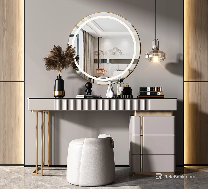 Elegant Modern Vanity Dressing Table With Round Mirror Pendant Light And Gold Accents 3d model 