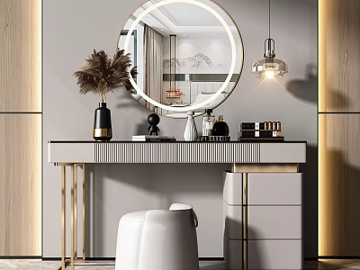 Elegant Modern Vanity Dressing Table With Round Mirror Pendant Light And Gold Accents 3d model