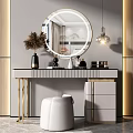 Elegant Modern Vanity Dressing Table With Round Mirror Pendant Light And Gold Accents