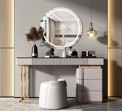 Elegant Modern Vanity Dressing Table With Round Mirror Pendant Light And Gold Accents 3d model