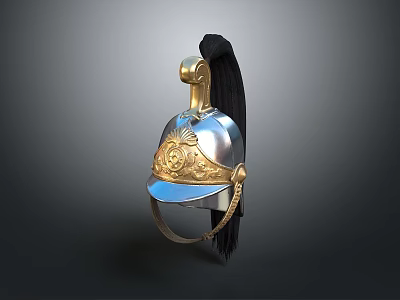 Ancient Military Helmet With Metallic Surface Golden Ornate Design And Black Plume 3d model