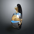 Ancient Military Helmet With Metallic Surface Golden Ornate Design And Black Plume