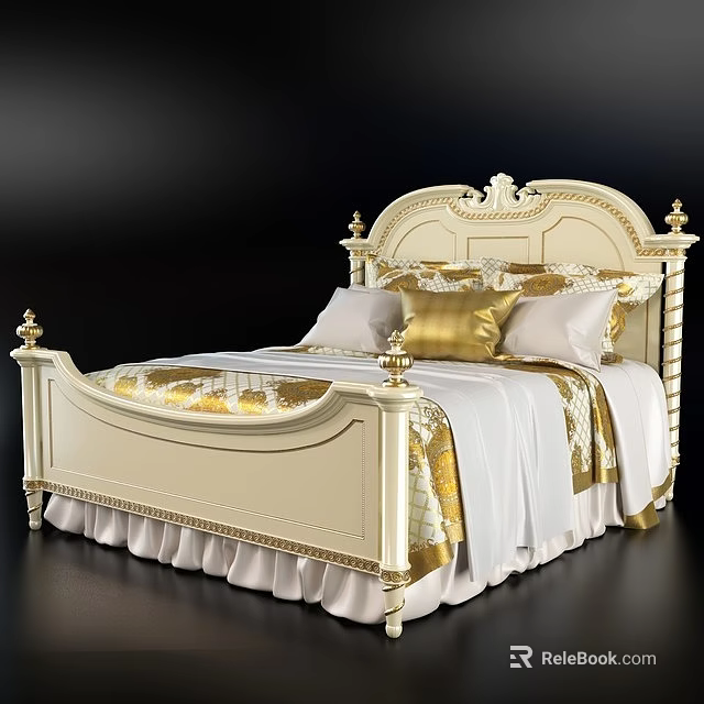 Classic European Style Double Bed With Ornate Carved Headboard Cream And Gold Luxurious Pillows 3d model 