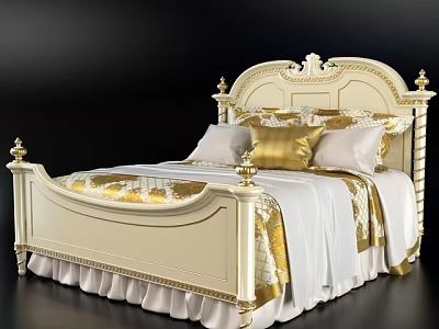 Classic European Style Double Bed With Ornate Carved Headboard Cream And Gold Luxurious Pillows 3d model