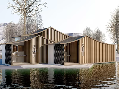 Modern Wooden Waterfront Building With Wavy Roof And Scenic Trees View 3d model