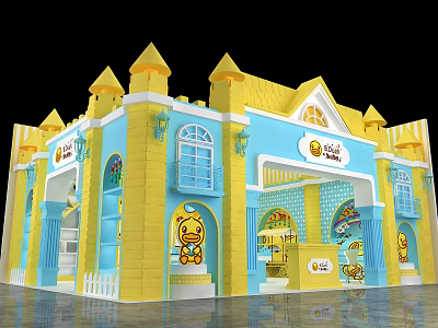 Castle Shaped Children Store With Blue Yellow Exterior And Cartoon Cat Design 3d model
