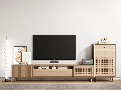Modern Living Room TV Stand In Light Wood With TV Decorations And Lattice Cabinet 3d model
