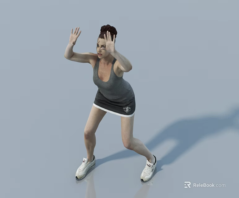 A Woman Wearing Sports Vest And Skirt Raises Hands In Squatting Position On Gray Background 3d model 