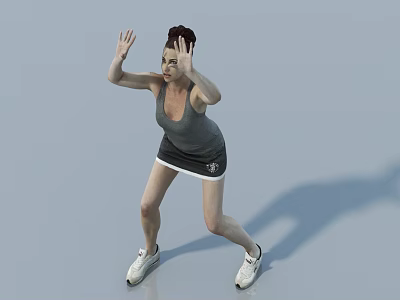 A Woman Wearing Sports Vest And Skirt Raises Hands In Squatting Position On Gray Background 3d model