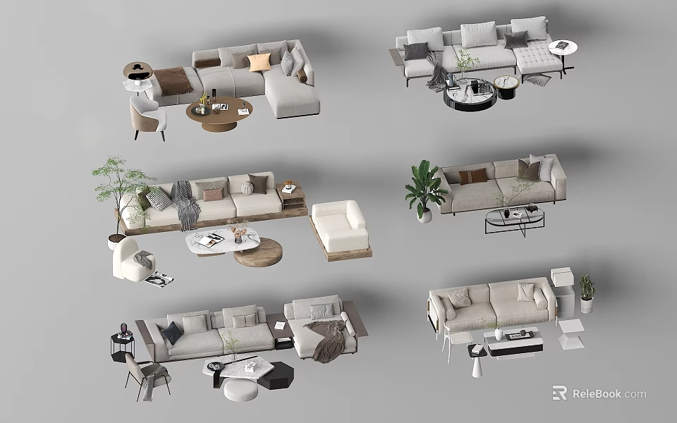Modern Minimalist Sofa And Coffee Table Set With Neutral Tones Throw Pillows And Potted Plants 3d model 