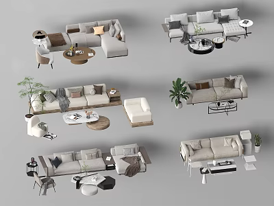 Modern Minimalist Sofa And Coffee Table Set With Neutral Tones Throw Pillows And Potted Plants 3d model