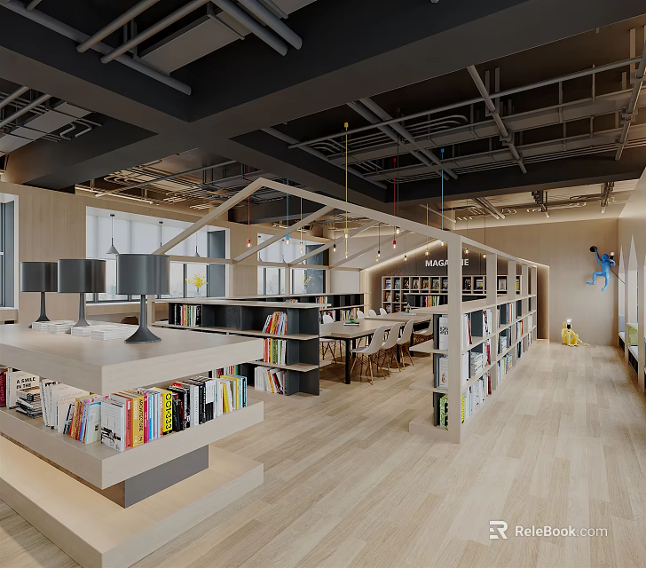 Book Art Interior Design With Modern Bookshelves And Colorful Books Display In Open Reading Space 3d model 