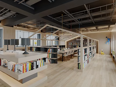 Book Art Interior Design With Modern Bookshelves And Colorful Books Display In Open Reading Space 3d model