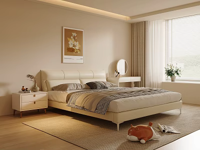 Modern Minimalist Bedroom Interior With Beige Color Painting Nightstand Dressing Table And Stuffed Toy 3d model