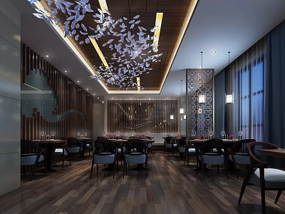 Modern Restaurant Interior With Wooden Floors Decorative Ceiling Lights Dining Tables And Chairs 3d model
