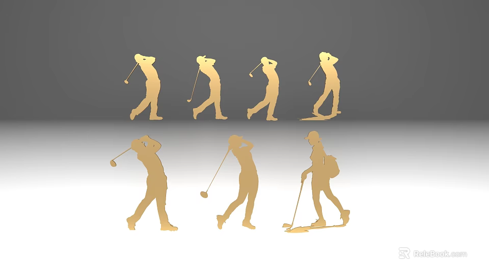 Golden Golf Player Silhouettes With Different Action Poses Including Swinging And Putting 3d model 