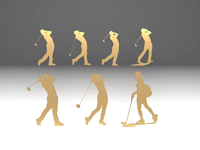 Golden Golf Player Silhouettes With Different Action Poses Including Swinging And Putting 3d model