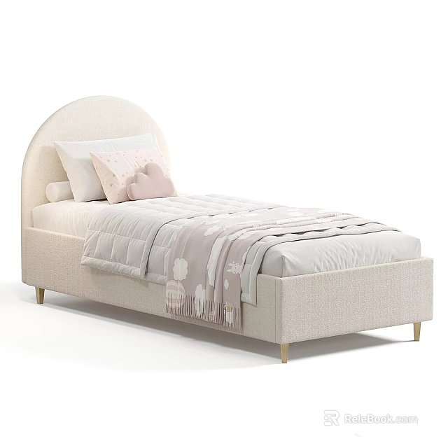 Modern Kids Bed with Arched Beige Headboard Soft Pillows Quilt and Cozy Blanket Wooden Legs 3d model 