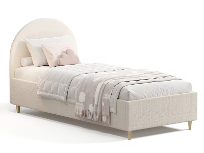 Modern Kids Bed with Arched Beige Headboard Soft Pillows Quilt and Cozy Blanket Wooden Legs 3d model