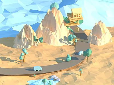 Cartoon Scenery Featuring Mountain Landscapes Trees Winding Path Treehouse Vehicles and Small Character 3d model