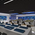 Modern Exhibition Hall Interior With Blue Flooring White Ceiling Display Screens And Counters