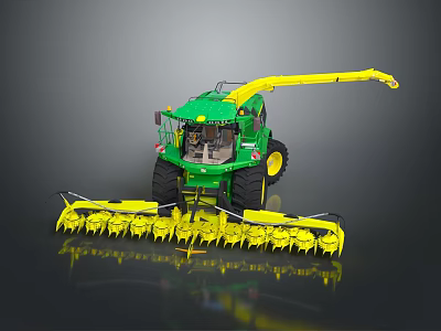 Green Agricultural Silage Harvester With Yellow Cutting Mechanism And Long Arm 3d model