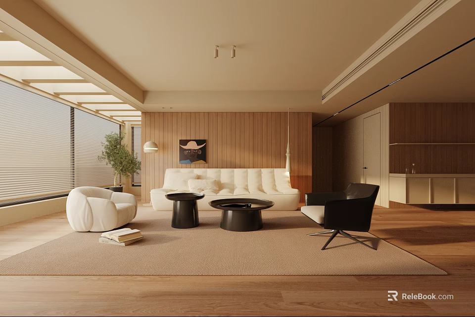 Modern Living Room Interior With Beige Sofa White Black Armchairs Wooden Walls And Large Windows 3d model 