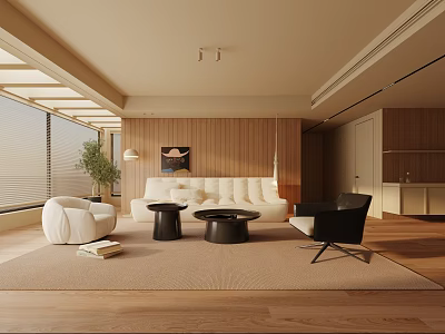 Modern Living Room Interior With Beige Sofa White Black Armchairs Wooden Walls And Large Windows 3d model