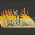 Cartoon Scene With Wooden Cabin Dock Boat Trees And Water Area On Circular Base