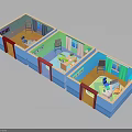 Colorful Three Room Interior Design Layout With Beds Tables And Chairs