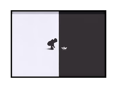 Black And White Split Background With Crouching Figure And Paper Boat 3d model