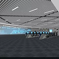 Aerial View of Modern Control Room Interior with Long Tables Large Screens Seats and Plants