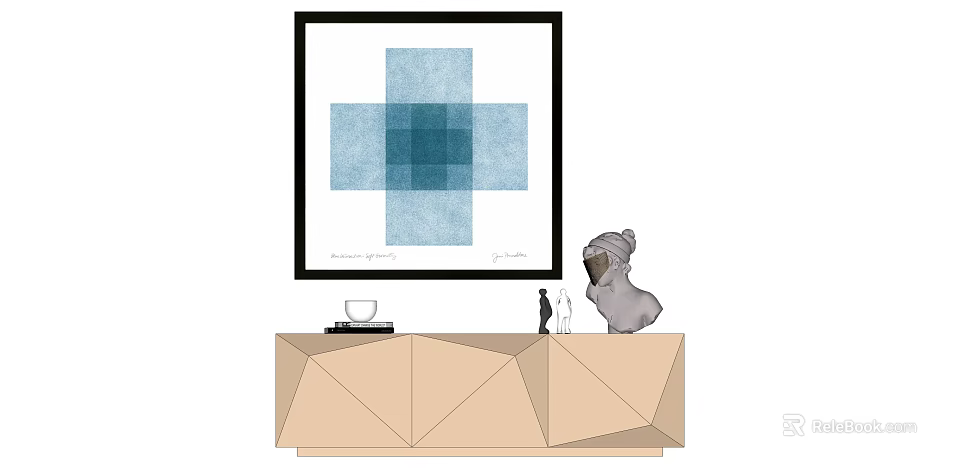 Modern Interior With Blue Cross Painting Geometric Beige Cabinet And Decor Items 3d model 