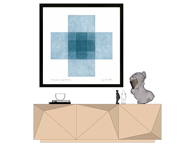 Modern Interior With Blue Cross Painting Geometric Beige Cabinet And Decor Items 3d model