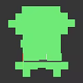 Pixelated Green Frog Figure With Blocky Design Yellow Mouth And Black Background Reflection