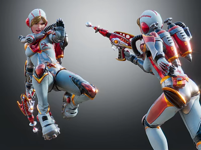 Futuristic Game Movie Armored Characters with Red Orange Accents Dynamic Combat Poses Holding Energy Rifles 3d model